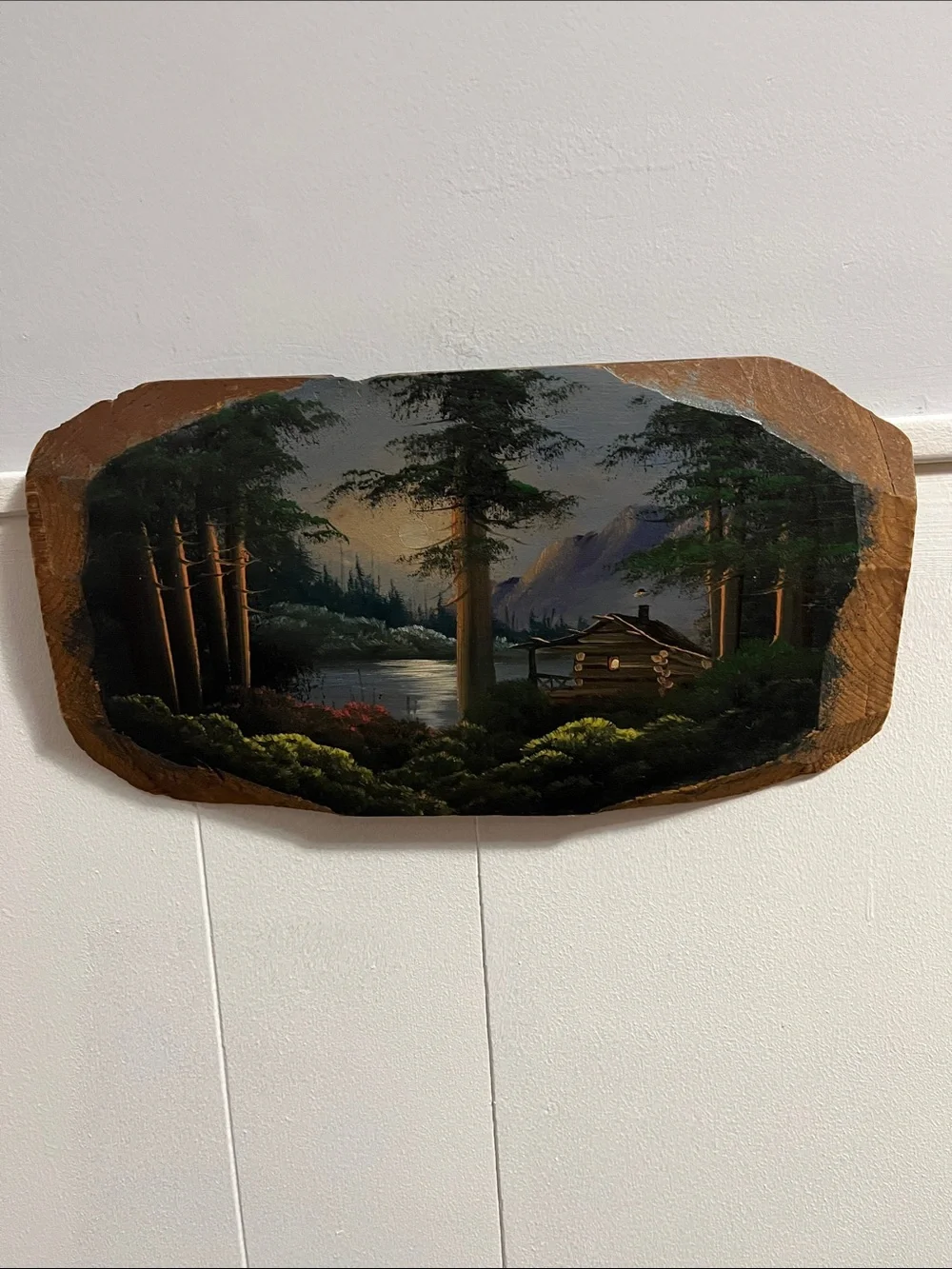 Hand painted wood cabin scene (Joe Breckenridge) possibly wall decor